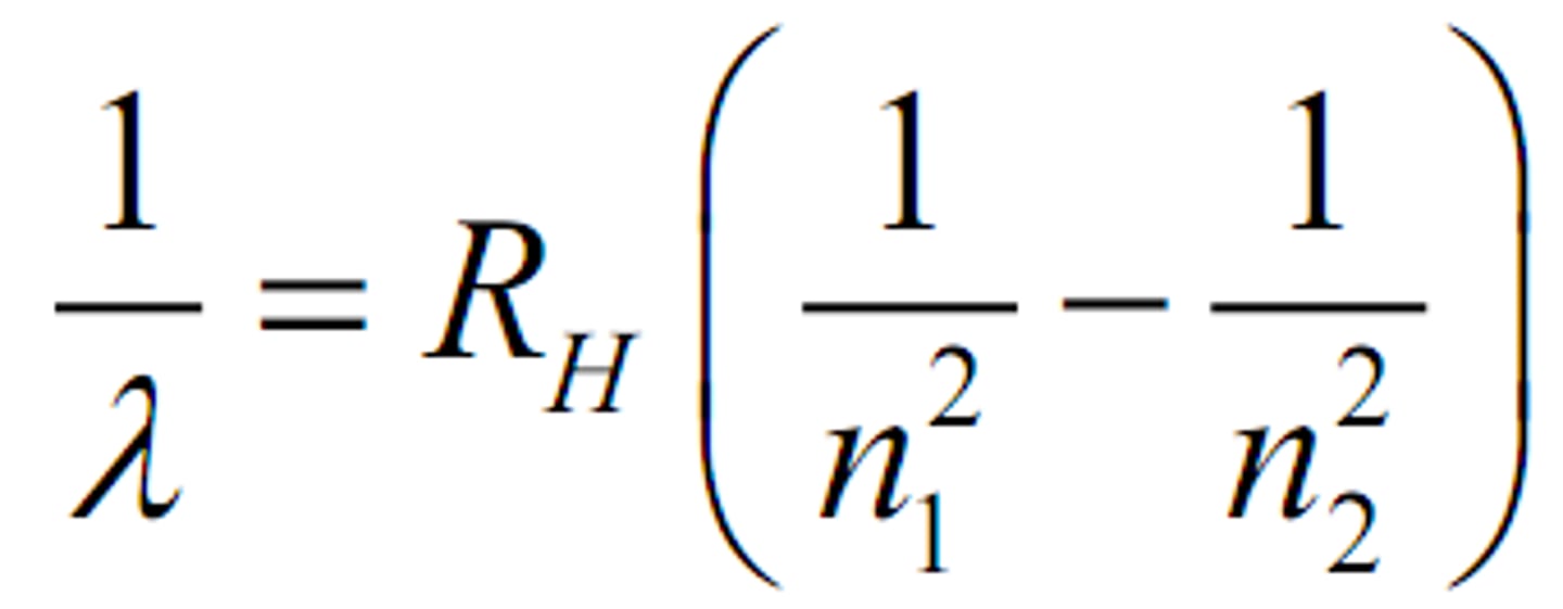 <p>(1/λ) = R((1/nf^2) - (1/ni^2))</p><p>λ = Wavelength</p><p>R = Rydberg's Constant (1.097 ⋅ 10^7)</p><p>nf = Final Orbital</p><p>ni = Initial Orbital</p>