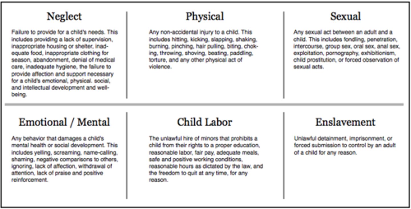 <p>The psychological, emotional, and sexual abuse of a child</p>