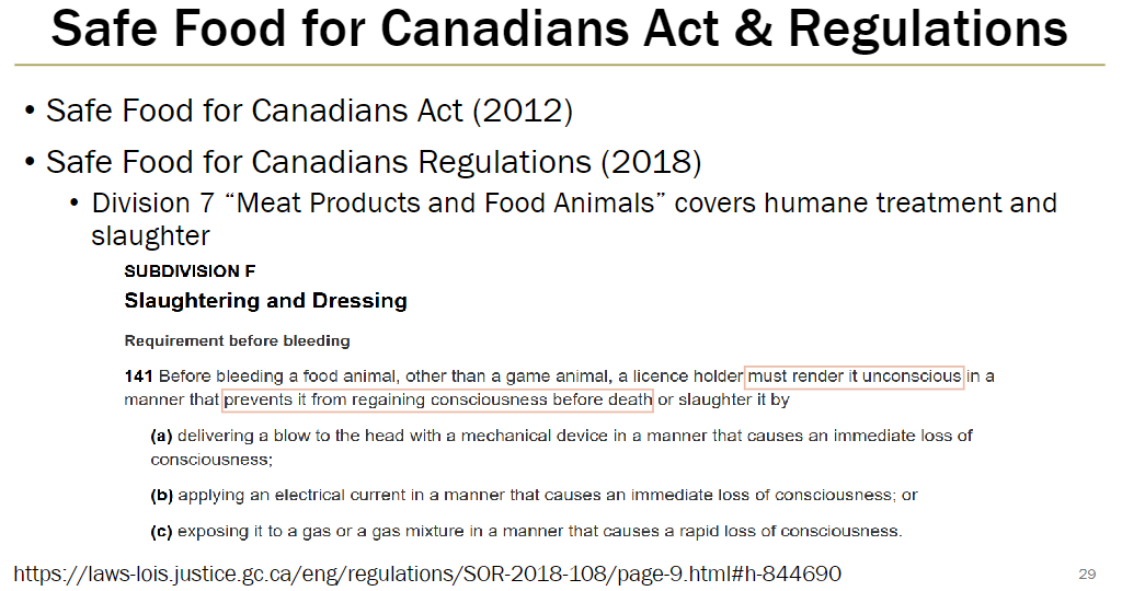 <p><strong>Safe Food for Canadians Act (2012)</strong><br> Federal legislation governing food safety in Canada</p><p><strong>Safe Food for Canadians Regulations (2018)</strong><br> Division 7: “Meat Products and Food Animals”<br> Covers humane treatment and slaughter of animals</p>