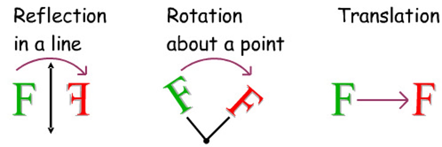 <p>a transformation that preserves distance. the image and pre-image are congruent under a rigid motion. translations, reflections, and rotations are isometries</p>