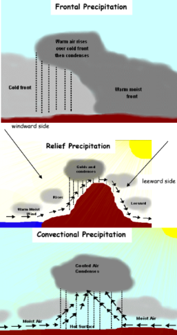 <p><strong>Relief/orographic</strong>: air is forced to cool when it rises over relief features. As it rises it cools, condenses and forms rain.</p><p><strong>Convectional</strong>: heated air rises upwards with the water vapour and gets condensed when it reaches a higher altitude.</p><p><strong>Frontal</strong>: colder air meets warmer air in a weather front. The warm air is then forced to rise over the cooler air</p>