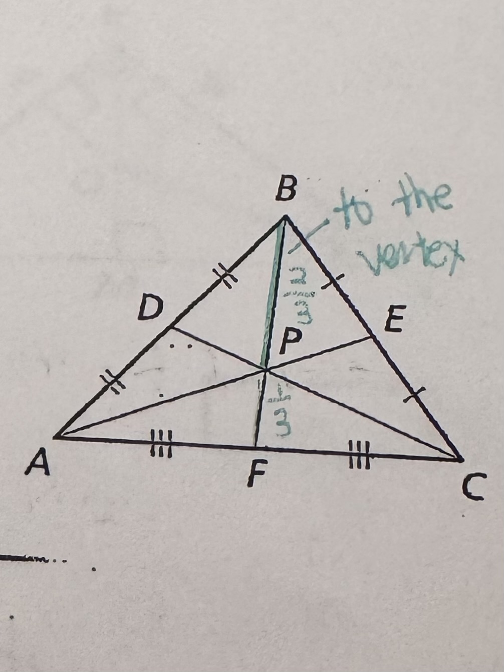 <p><span>The centroid of a triangle is two-thirds of the distance from each vertex to the midpoint of the opposite side.</span></p>