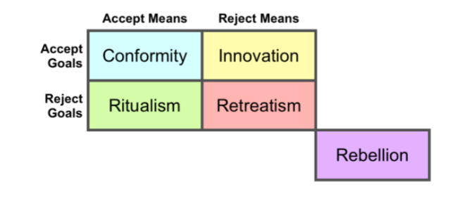 <ul><li><p>conformity: accepts means and goals</p></li><li><p>innovation: rejects means and accepts goals</p></li><li><p>ritualism: accepts means and rejects goals</p></li><li><p>retreatism: rejects means and goals</p></li><li><p>rebellion: new means and goals; challenges means and goals</p></li></ul><p></p>
