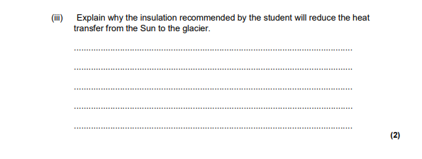 <p>Explain why the insulation recommended by the student will reduce the heat transfer from the Sun to the glacier.</p>