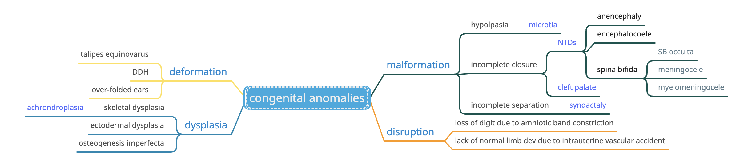 <ul><li><p>malformation </p></li><li><p>deformation </p></li><li><p>disruption </p></li><li><p>dysplasia </p></li></ul>