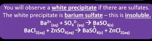 <p>white precipitate, observed because barium sulfate formed is insoluble</p>