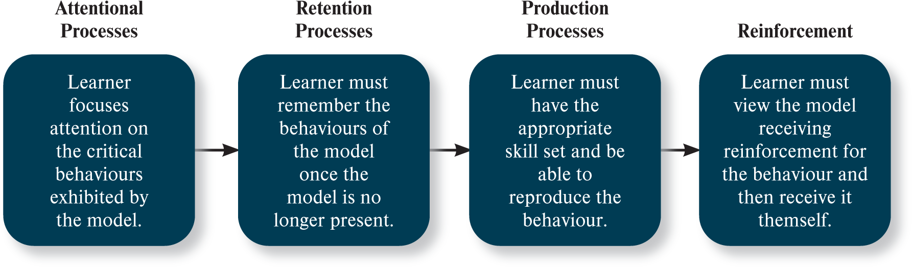 <ol><li><p><strong>attention process</strong></p></li><li><p><strong>retention process</strong></p></li><li><p><strong>production process</strong></p></li><li><p><strong><u>reinforcement</u></strong></p></li></ol><p></p>