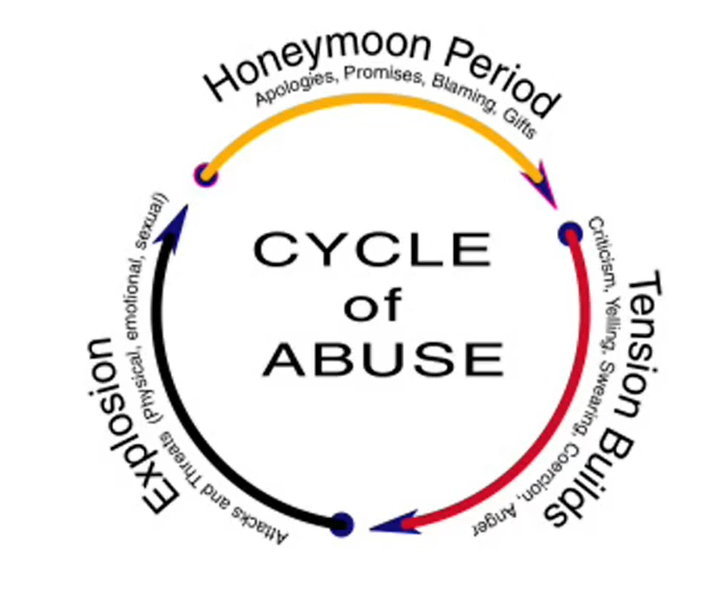 <p><strong>he highlights a circle theory of violence, that has 3 stages within the cycle of abuse:</strong></p><p></p><p>1) tension building period</p><ul><li><p>swearing, yelling, criticism, coercion, anger, (minor abuseive incidents that build to the second pahse)</p></li></ul><p>2) explosion period</p><ul><li><p>attacks and threats (physical, emotional, sexual)&nbsp;</p></li><li><p>this is the shortest phase, and most harm is likely to occur here</p></li></ul><p>3) the honeymoon period</p><ul><li><p>marked by apologies, promises, gift giving, etc. (kinda love-bombed by abuser)</p></li></ul><p><strong>also highlights learned helplessness</strong></p><ul><li><p>Learned helplessness is a psychological state in which a person, typically a victim of abuse, believes they have no control over their situation and cannot escape from it, leading to passive acceptance of abuse and a lack of action to change their circumstances. </p></li><li><p>this learned helplessness can cause further repetition of the cycle as the battered women becomes psychologically trapped in abusive relationship.</p></li></ul><p></p>