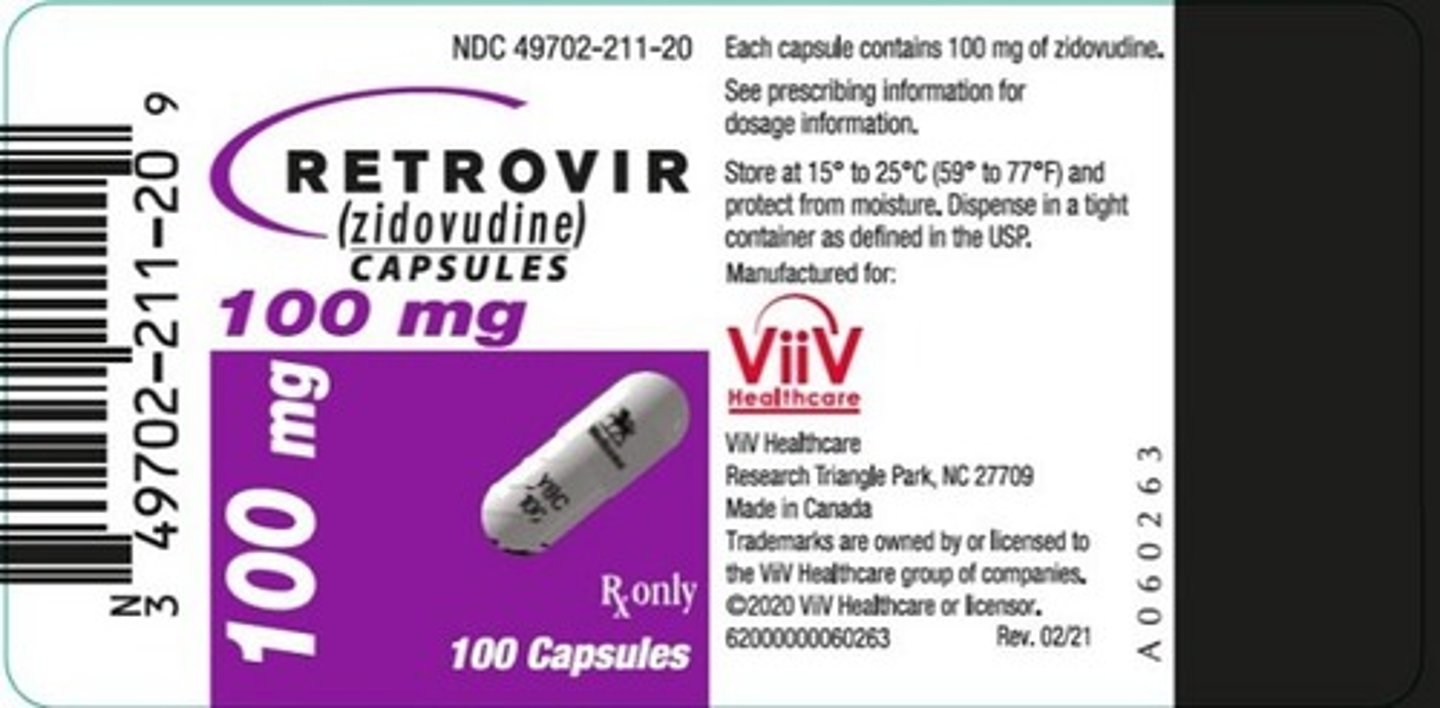 <p>Zidovudine (Retrovir)</p><p>Antiviral (HIV)</p><p>HIV nucleoside analog reverse transcriptase inhibitor;</p>