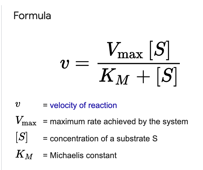 <p>v = Vmax * [S] / (Km + [S])</p><p>where v is the reaction rate, Vmax is the maximum rate, [S] is the substrate concentration, and Km is the Michaelis constant.</p>