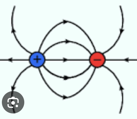 <p>The field points away from the positive charge and the <strong>force</strong> on the negative charge is in the opposite direction to the field <br><br>field lines for positive charges point away from the charge and negative charges point toward the charge (therefore the negative charge points opposite of the positive)<br><br>Since opposite charges attract, the force points toward the positive charge and is opposite to the field</p>