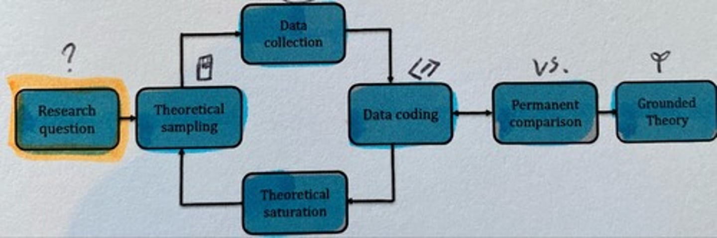 <p>Research Question -&gt; [Theoretical Sampling -&gt; Data Collection] ; [Theoretical Sampling &lt;- Theoretical Saturation] =&gt; Data Coding -&gt; permanent comparison -&gt; Grounded theory</p>
