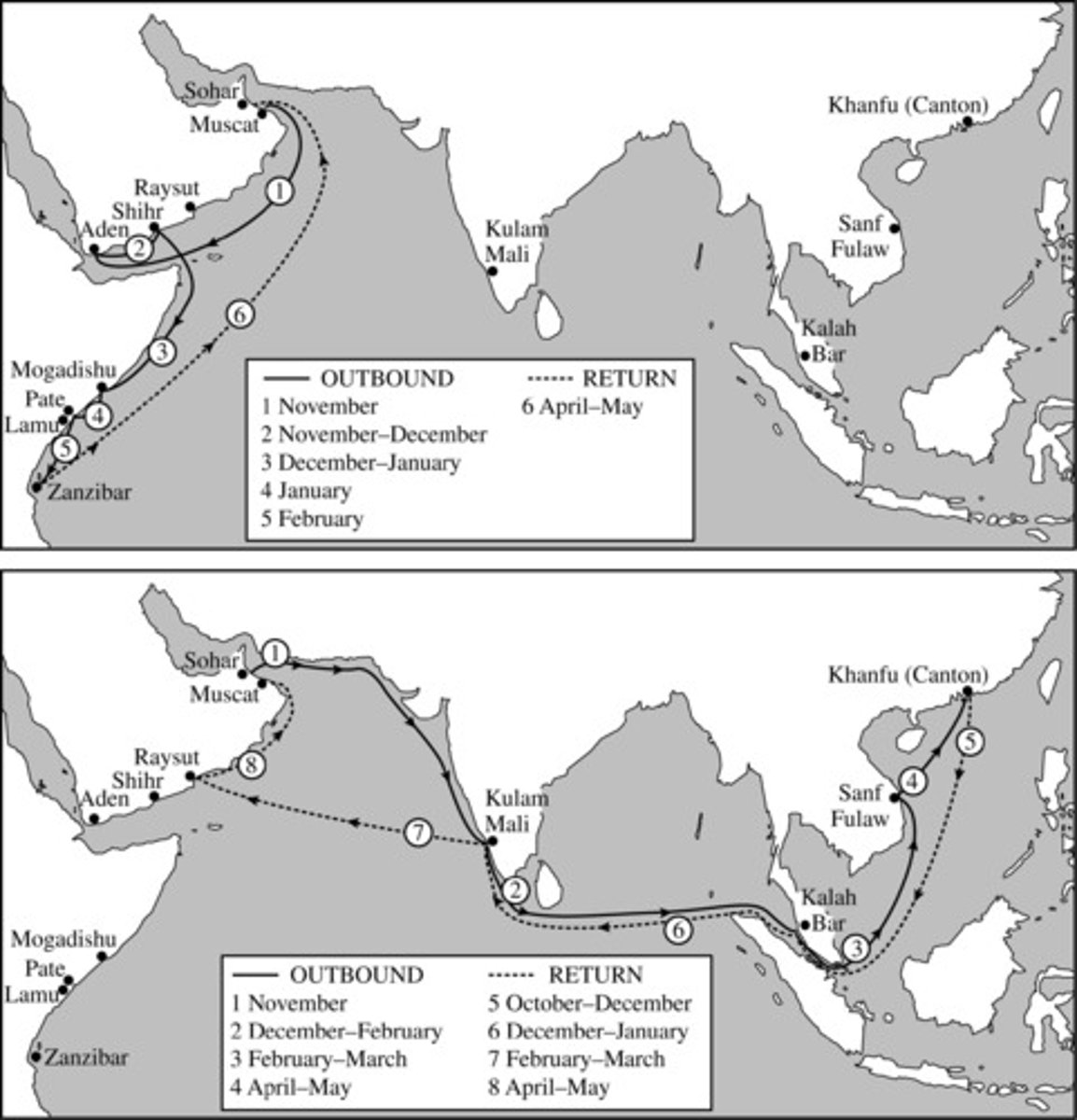 <p>TYPICAL SAILING ROUTES AND SCHEDULES OF OMANI MERCHANTS TRAVELING TO EAST AFRICA AND CHINA FROM MUSCAT, CIRCA 1400 C.E.</p><p>Based on the maps and your knowledge of world history, which of the following best describes the effect of the spread of Islam on Indian Ocean trade?</p><p>A</p><p>It led to the expansion and intensification of commerce along already existing trade routes.</p><p>B</p><p>It led to the disappearance of previously established trade networks.</p><p>C</p><p>It led to an expansion of land-based caravan trade but also to a decline of maritime trade.</p><p>D</p><p>It led to the first creation of trade links between previously isolated world regions.</p>