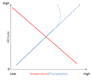 <ul><li><p><span>Mean temperature lapse rate under normal conditions = -6.5 degrees per km altitude&nbsp;</span></p></li><li><p><span>Snowfall typically increases with elevation for two reasons&nbsp;</span></p><ul><li><p><span>Orographic precipitation (most air is forced to rise by topography)</span></p></li><li><p><span>Proportion if precipitation falling as snow increases with elevation due to cooler temperatures</span></p></li></ul></li><li><p><span>Snowfall may reduce at high elevations because cold air cannot hold sufficient moisture (blue dotted line)</span></p></li></ul><p></p>