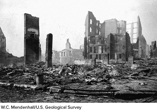 What likely caused much of the damage shown in this photograph in the 1906 San Francisco earthquake?