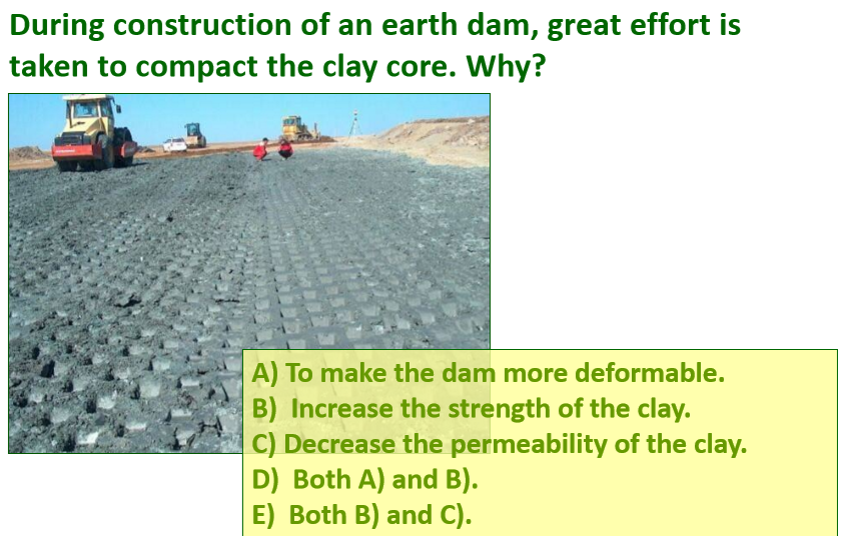 <p>during construction of an earth dam, great effort is taken to compact the clay core. Why?</p>
