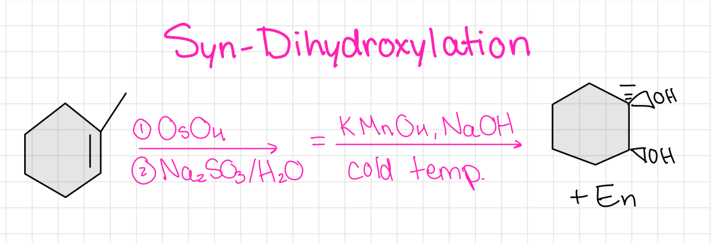 <ul><li><p>OH and OH</p></li><li><p>Syn Addition</p></li></ul>