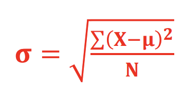 <p><span>𝝈 = √[σ(𝑿 − 𝝁)𝟐 / 𝑵]</span></p>