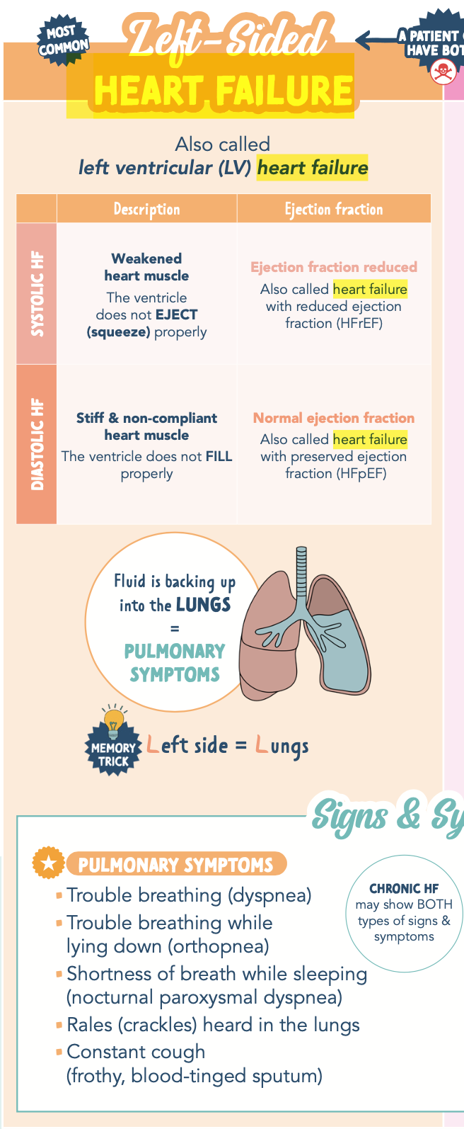 <p><span style="background-color: transparent;">pulmonary edema/crackles, S3 heart sound, fatigue, weak pulses, decreased organ perfusion.</span></p><p>Dyspnea, orthopnea, PND</p><ul><li><p class="p1">Paroxysmal nocturnal dyspnea (PND) is a sensation of shortness of breath that awakens The patient, often after 1 or 2 hours of sleep, is usually relieved in the upright position</p></li></ul><p class="p1">Cough, Pulmonary crackles (rales), Decrease O2 saturation levels, S3 ventricular gallop, Oliguria if kidney perfusion is diminished, Decreased perfusion to other systemic organs (advanced failure):</p><ul><li><p class="p1">Sluggish GI motility, Dizziness, lightheadedness, confusion, restlessness, Anxiety, Skin is cool and clammy, Decrease in EF (ejection fraction), Tachycardia and/or weak, thready pulse, Fatigue or activity intolerance</p></li></ul><p></p>