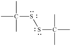 <p>Two sulfurs bound together, and those sulfeus are bound to one Carbon</p>