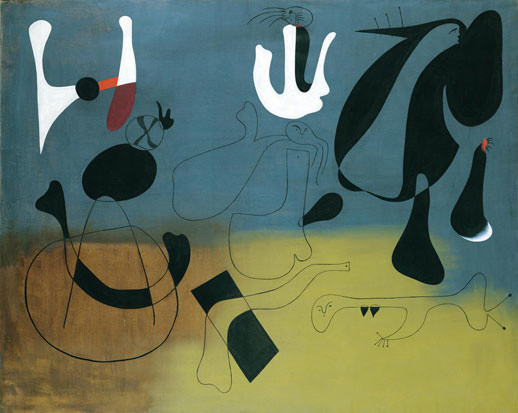 <p>While Miro never worked officially with the Surrealists this piece is many were we see his use of abstract and biomorphic figures that is similar to those done in the surrealist scene.</p>
