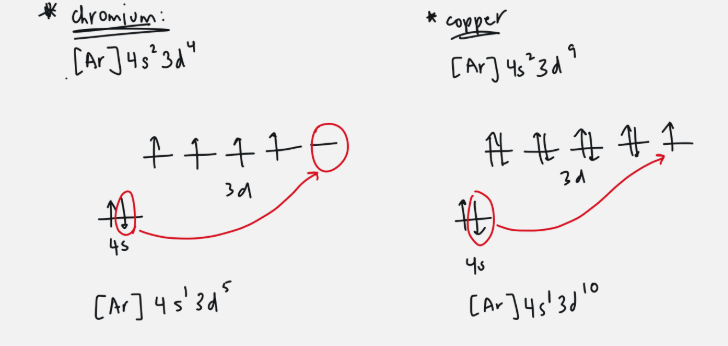 <ul><li><p>when electron is promoted to next orbital</p></li><li><p>mainly with d orbitals</p></li><li><p>only with exponent 4 or 9</p></li><li><p>d orbital has one electron in four orbitals and a full s orbital → one electron from s moves to empty d </p></li><li><p>d orbital has four full orbitals, one half full, and a full s orbital → one electron from s moves to last d orbital</p></li></ul><p></p>