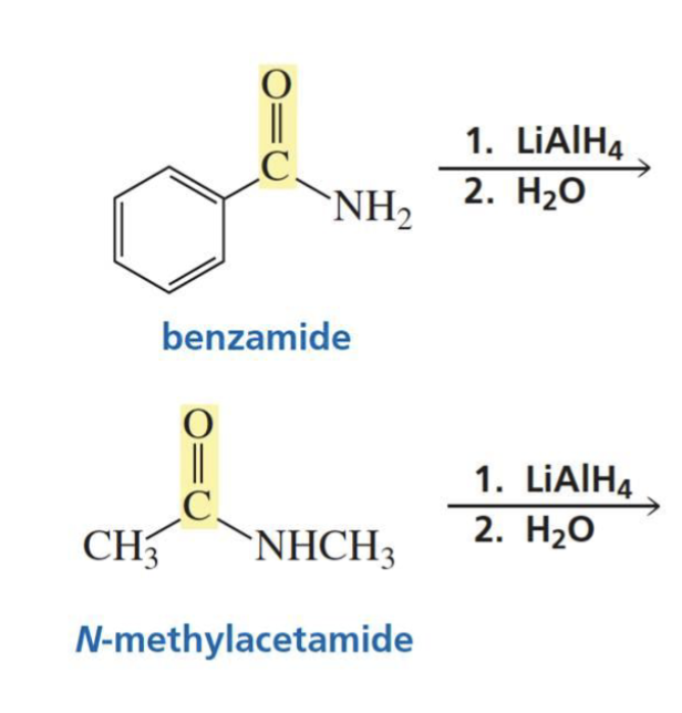 <p>What is formed from:</p><p>Amide + hydride ion (LiAlH<sub>4</sub>) + H<sub>2</sub>O</p><p><em>and special note?</em></p>