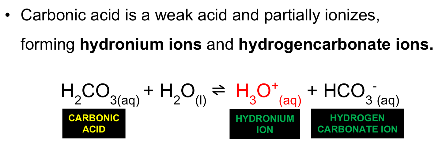<p>Carbonic acid is a weak acid therefore partially ionises into hydronium ions and hydrogencarbonate ions</p>