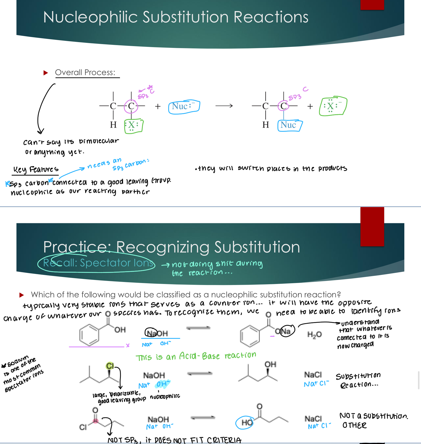<p>Can’t say it’s bimolecular or anything because we don’t have the elementary steps.&nbsp;</p><p><strong><u>KEY FEATURES:</u></strong></p><p><strong>SP3</strong> Carbon is connected to a good Leaving Group. N</p><p>Nucleophile as our reacting partner</p><p>They will switch places in the products…</p><p></p><p>Typically, very stable ions serve as a counter ion… it will have the opposite charge of whatever our species had. To recognize them, we need to be able to identify ions.&nbsp;</p>