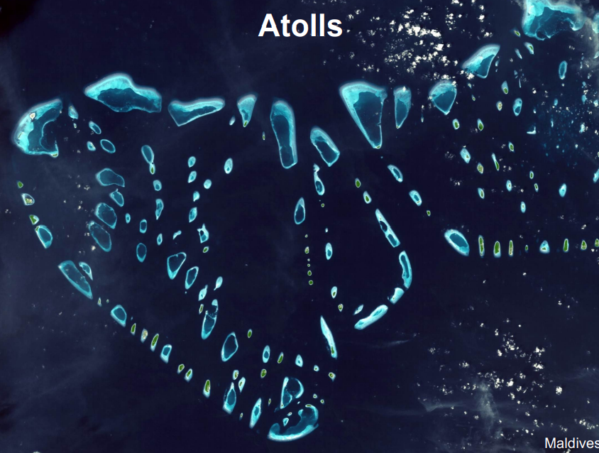 <p>reef forms around volcanic island and continues after volcano sinks below sealevel</p><p>island erosion, island sinking, reef accretion</p>