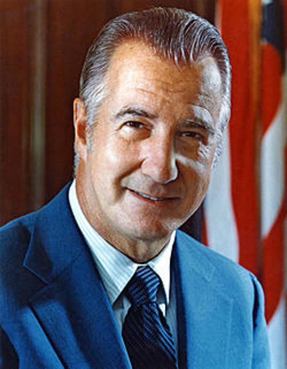 <p>Nixon's vice-president resigned and pleaded "no contest" to charges of tax evasion on payments made to him when he was governor of Maryland. He was replaced by Gerald R. Ford.</p>