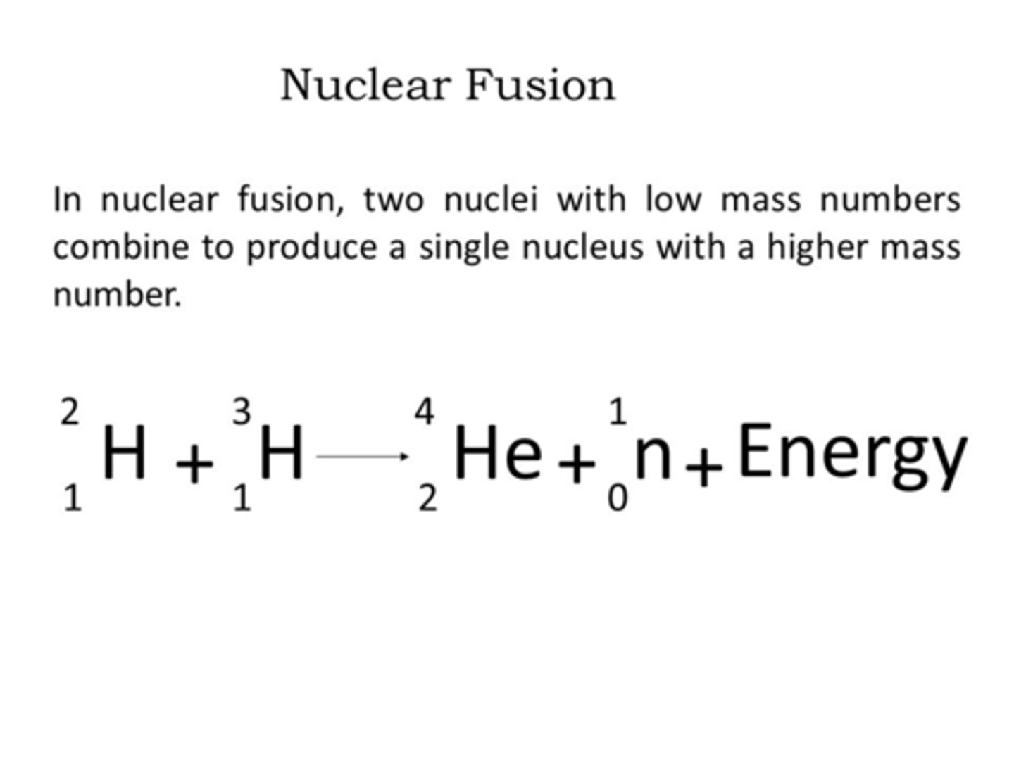 <p>A nuclear reaction where two nuclei combine to form a heavier nucleus, releasing a large amount of energy.</p>