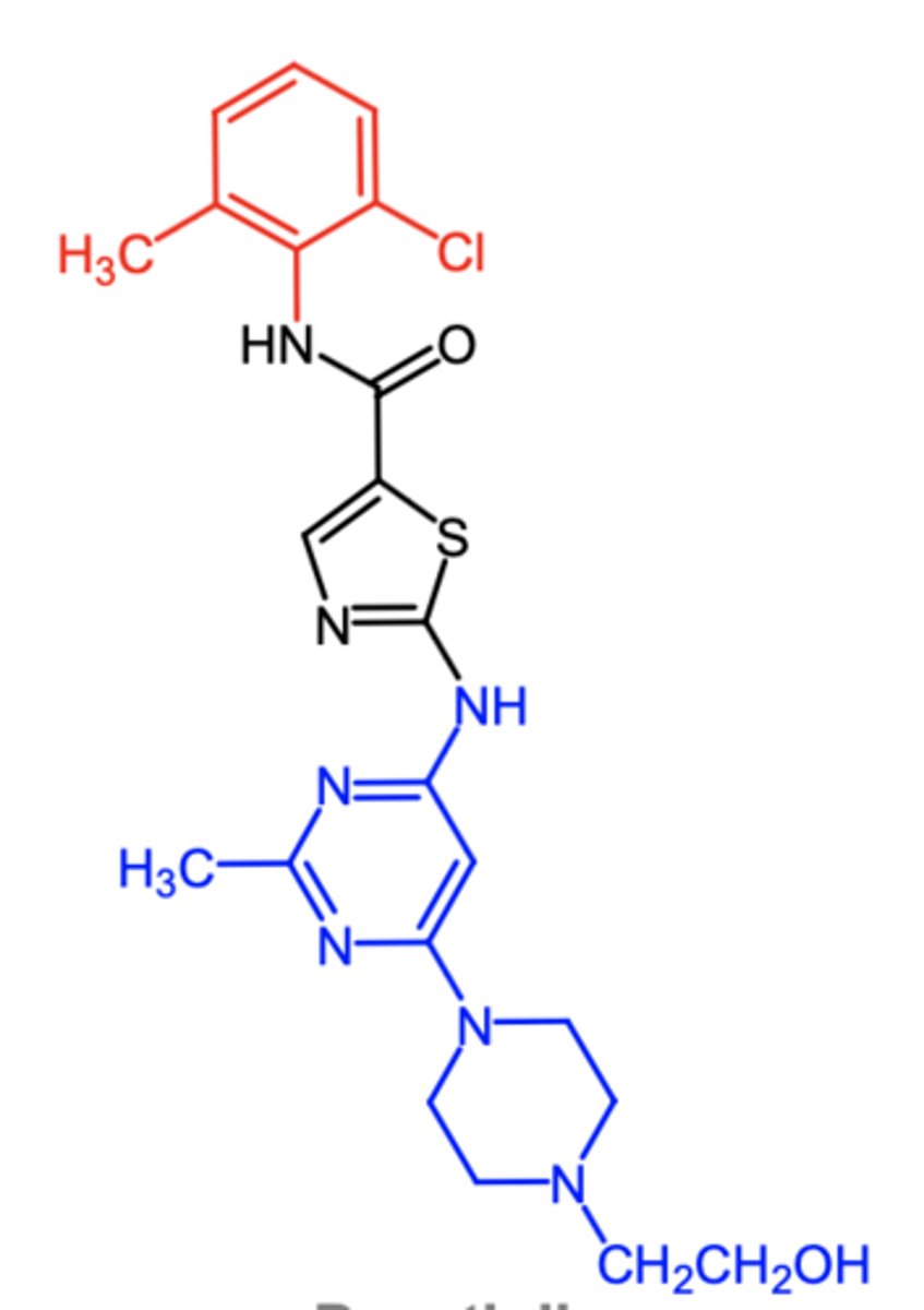 <p>(bcr-abl inhibitor -- NRTKI)</p><p>ROA: oral</p><p>MOA: mixed type 1 and 2 bcr-abl kinase inhibitor that also has significant affinity for cellular Src kinases</p><p>indication: Ph+ CML, Ph+ ALL</p><p>ADME: low F due to poor absorption + fast first pass</p><p>- 3A4 mediated metabolism</p><p>- highly protein bound</p>