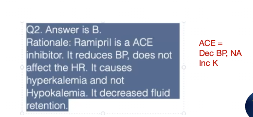 <p>B. Causes hyperkalemia</p><p></p><div data-type="horizontalRule"><hr></div><p>D. ACE has no effect on heart</p>