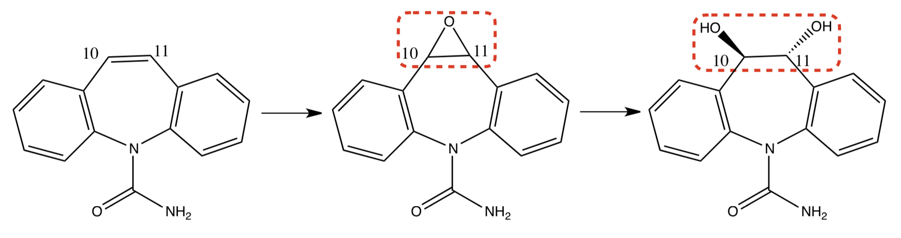 <p><strong>CARBAMAZEPINE</strong> TO <strong>CARBAMAZEPINE-10,11-EPOXIDE</strong> TO <strong>TRANS-10,11-DIHYDROXYCARBAMAZEPINE</strong></p>