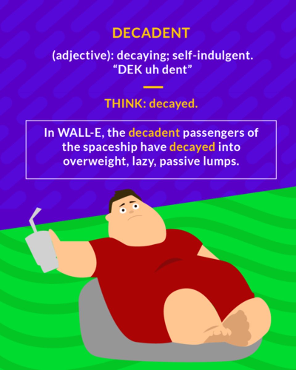 <p>decaying or decayed, especially in terms of morals</p><p>(adj.) decaying</p>