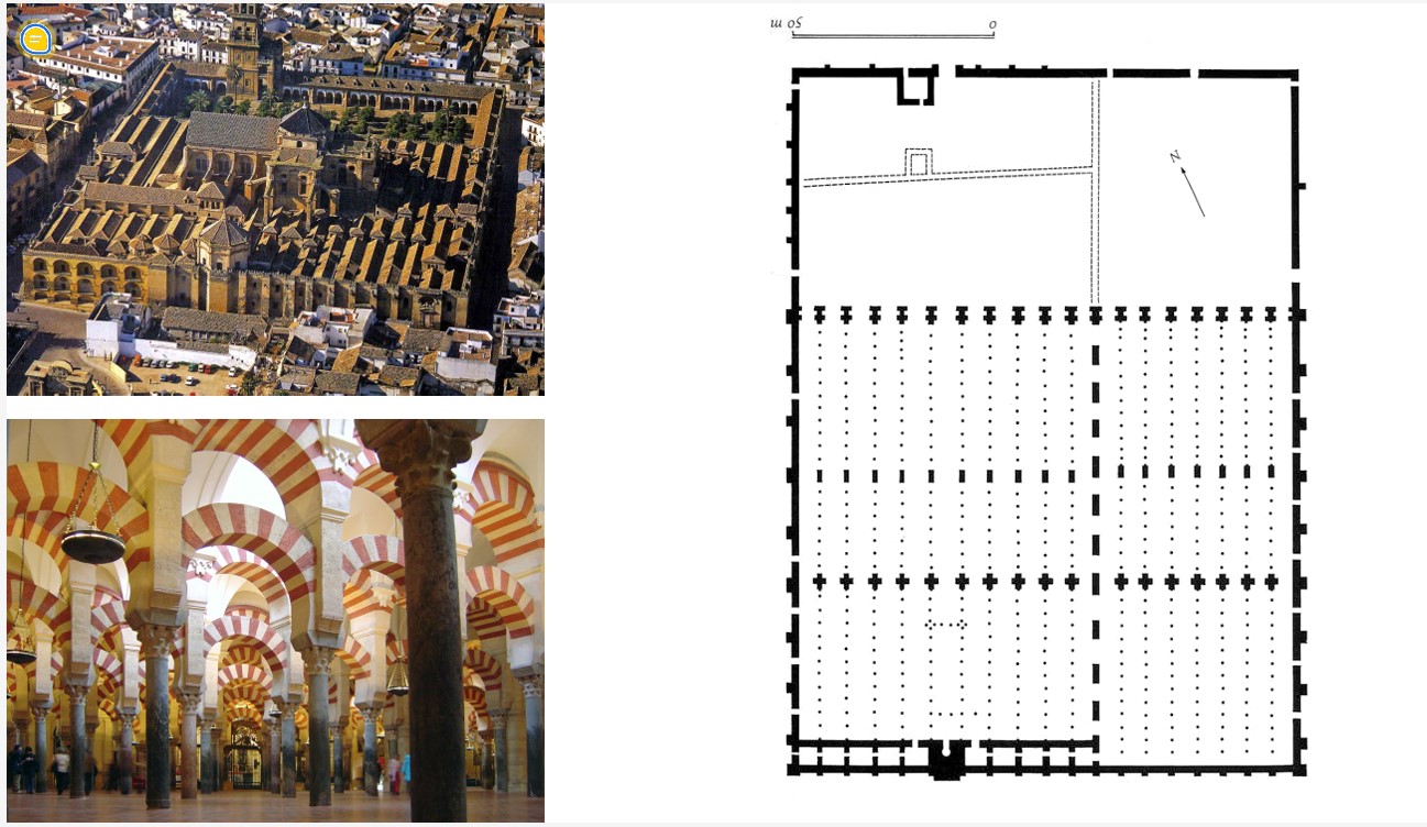 <ul><li><p>hypostyle hall </p><ul><li><p>originally built like Muhammads house, then mutated over time </p></li><li><p>field condition, multiplicity, hall of mirrors effect </p></li></ul></li><li><p>Reconquest of Spain was celebrated in this space, with Horseshoe shape from Visigoth architecture - Mihrab </p><ul><li><p>because of expansion, the mihrab faces south not Mecca</p></li></ul></li><li><p>Dome with overlapping arches </p></li></ul>