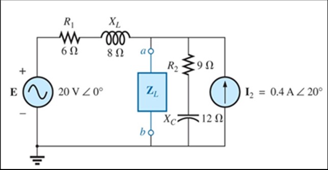 <p>We would like to find a Thevenin equivallent circuit between a and b (by taking out the Z<sub>L</sub> element). Find Z<sub>TH</sub></p><p style="text-align: start">a) 15-j4&nbsp; Ω</p><p style="text-align: start">b) 15+j4&nbsp; Ω</p><p style="text-align: start">c) 9.66 <span>∠</span>14.93° &nbsp;Ω</p><p style="text-align: start">d) none of the above</p>