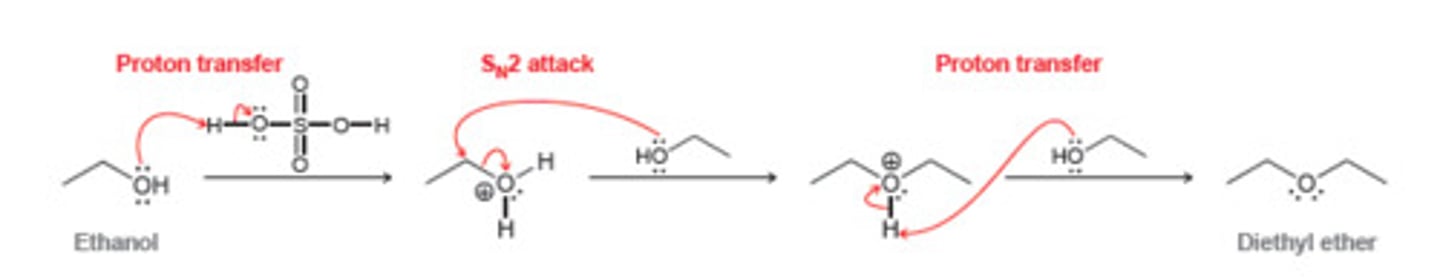 <p>Works best with 1º alcohols, less well with 2º alcohols, and fails completely with 3º alcohols due to competition with dehydration to an alkene</p><p>Occurs via an SN2 mechanism</p>