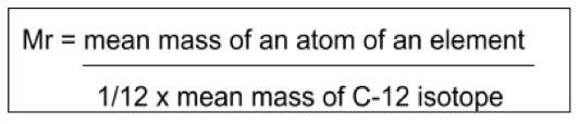 <ul><li><p>Ar is the relative atomic mass</p></li><li><p>Can be defined as the mean mass of an atom of an element, divided by 1/12th of the mean mass of an atom of the carbon-12 isotope.</p></li></ul><p></p>