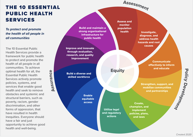 <p><strong>Assessment</strong>:</p><ul><li><p>Regular collection, analysis, and sharing of information about health conditions, risks, and resources in a community.</p></li><li><p>Systematic collection, assembly, analysis, and dissemination of information about the health of a community. </p></li><li><p><strong><em>Ex</em></strong>: Windshield surveys; assessment of communities and families</p><ol><li><p>Assess and monitor population health.</p></li><li><p>Investigate, diagnose, and address health hazards, and root causes.</p></li></ol></li></ul><p><strong>Policy Development</strong>:</p><ul><li><p>Use of assessment data to develop policy and direct resources toward those policies.</p></li><li><p>Is enhanced by the synthesis and analysis of information obtained during assessment to create comprehensive public health policy.</p></li><li><p><strong><em>Ex</em></strong>: Developing a clean air ordinance</p><ol><li><p>Communicate effectively to informal and educate.</p></li><li><p>Strengthen, support, and mobilize communities and partnerships.</p></li><li><p>Create, champion, and implement policies, plans and laws.</p></li><li><p>Utilize legal and regulatory actions.</p></li></ol></li></ul><p><strong>Assurance</strong>:</p><ul><li><p>Availability of necessary services throughout the community.</p></li><li><p>Is the pledge to our constituents that services necessary to achieve agreed-upon goals are provided by encouraging the actions of others (public or private) or requiring action through regulation or provision of direct services. </p></li><li><p><strong><em>Ex</em></strong>: Access to vaccines.</p><ol><li><p>Build and maintain a strong organizational infrastructure of public health.</p></li><li><p>Improve and innovate through evaluation, research, and quality improvement.</p></li><li><p>Build a diverse and skilled workforce.</p></li><li><p>Enable equitable access.</p></li></ol></li></ul><p></p>