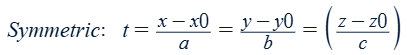 <p>Vector: &lt;x,y,(z)&gt; = &lt;x<sub>0</sub>,y<sub>0</sub>,(z<sub>0</sub>)&gt; + t&lt;a,b,(c)&gt; OR &lt;ta,tb,tc&gt;</p><ul><li><p><em>t</em> is a scalar called the parameter</p></li></ul><p>Parametric:</p><ul><li><p>x = x<sub>0</sub> + at</p></li><li><p>y = y<sub>0</sub> + bt</p></li><li><p>(z = z<sub>0</sub> + ct)</p></li></ul><p>* Another point on the line is needed to find <em>v</em>.</p><p></p>