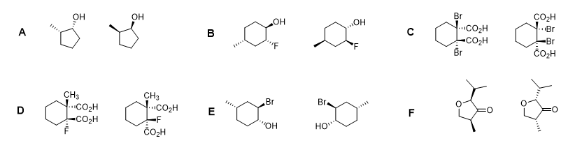 <p>Below are six pairs of molecules (A-F). How many total pairs of enantiomers are shown below?</p><p>A) 2</p><p>B) 3</p><p>C) 4</p><p>D) 5</p><p>E) 6</p>