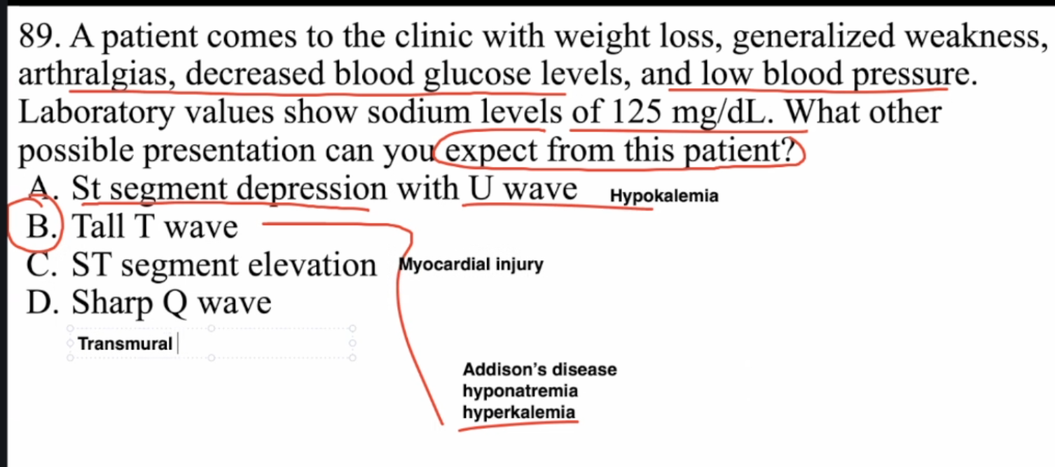 <ul><li><p>B</p></li><li><p>Addison’s Disease&nbsp;</p></li><li><p>Hyponatremia, Hyperkalemia</p></li></ul><p></p>