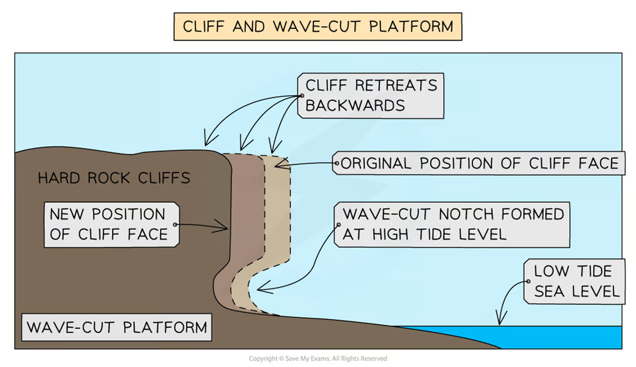 <p>Wide, gently-sloped surface found at foot of cliff</p><ul><li><p>As sea attacks base of cliff between high and low water mark, <strong>wave-cut notch</strong> forms</p></li><li><p><strong>Abrasion, corrosion, hydraulic action</strong> further extend notch back into cliff</p></li><li><p><strong>Undercutting </strong>of cliff → instability + collapse of cliff</p></li><li><p>Backwash of waves carries away eroded material, leaving <strong>wave-cut platform</strong></p></li><li><p>Process repeats + cliff continues to retreat, leading to coastal retreat</p></li></ul>