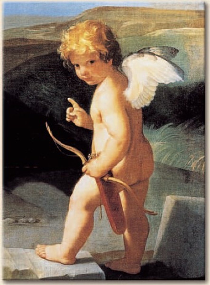 <p>a figure in a work of art depicted as a chubby male child, usually naked and very often winged.</p>
