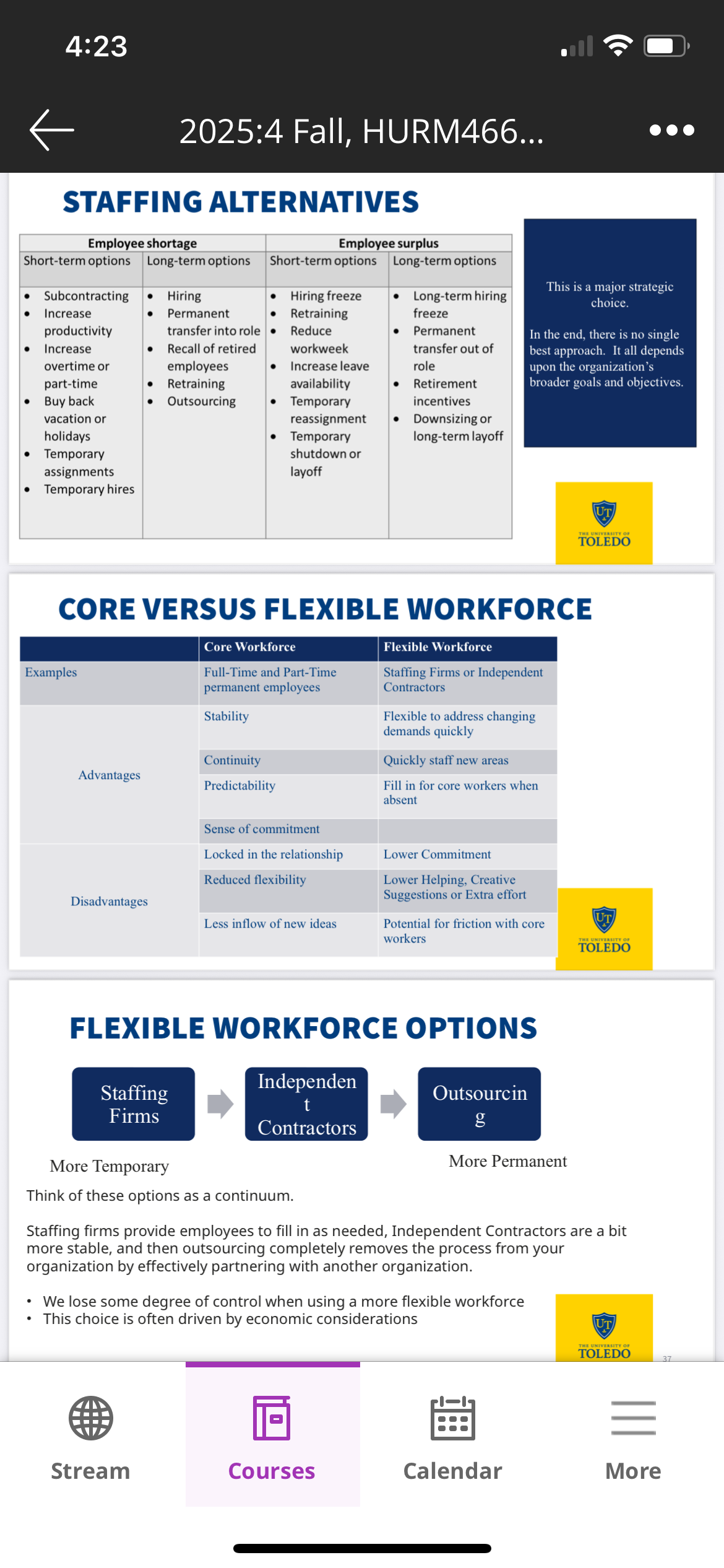 <p><span>Think of these options as a continuum.</span></p><p><span>More Permanent</span></p><p><span>Staffing firms provide employees to fill in as needed, Independent Contractors are a bit more stable, and then outsourcing completely removes the process from your organization by effectively partnering with another organization.</span></p><p><span>• We lose some degree of control when using a more flexible workforce</span></p>