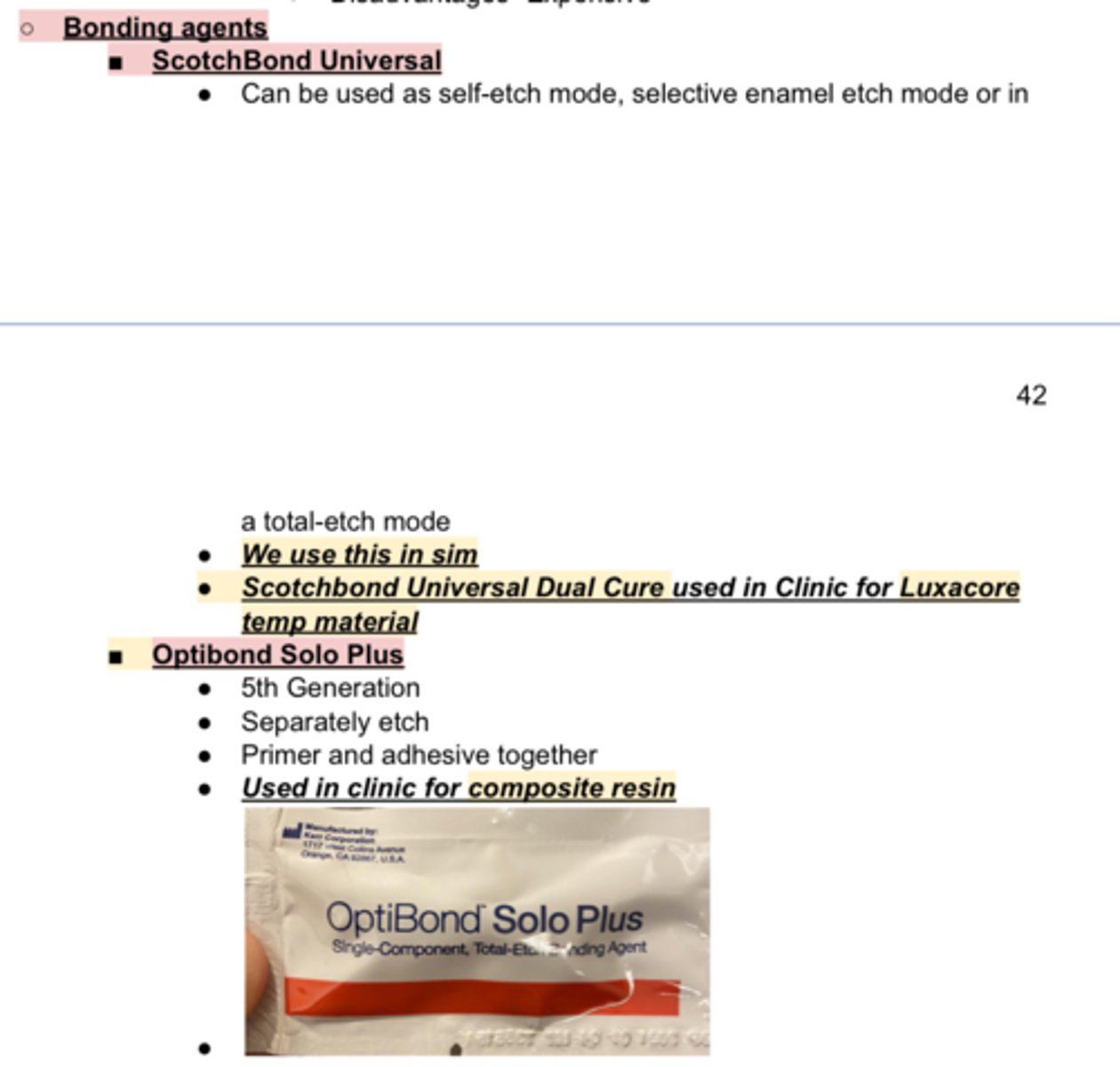 <p>These are the 3 ____ Agents we use at the OHC</p><p>ScotchBond Universal (we use this one in sim)</p><p>Optibond Solo Plus</p><p>Scotchbond Universal Dual Cure (use din clinic for Luxacore temp material) </p><p>- read about each in photo!!</p>