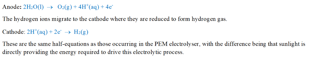 <p>** MAJOR DIFFERENCE: </p><ul><li><p>PEM electrolytic cell uses a battery/ external energy source e.g. solar/ wind</p></li><li><p>artificial photosynthesis is initiated by sunlight directly (as it activates the anode with catalyst)</p></li></ul><p></p>