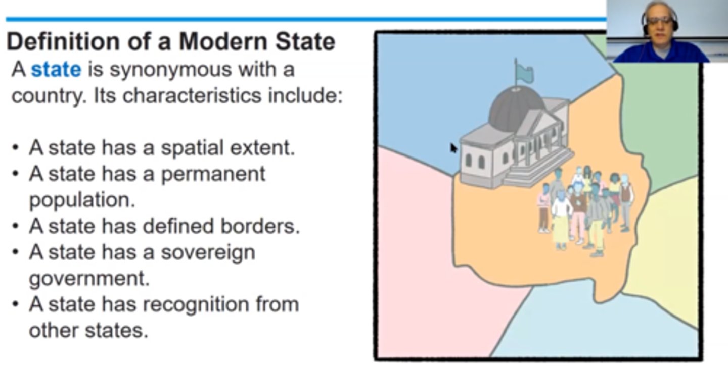 <p>1. Population (a state has people)<br>2. Territory (a state has spatial extant and defined boundaries)<br>3. Sovereignty (a state is independent and self-governing)<br>4. Government (a state has an established system of government)</p>